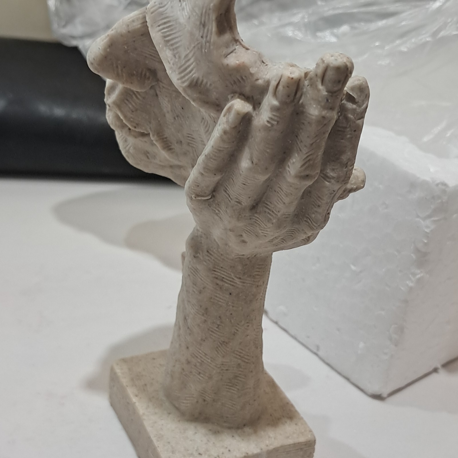Abstract Stone Face Sculpture on Square Base Textured Matte Gray/Beige