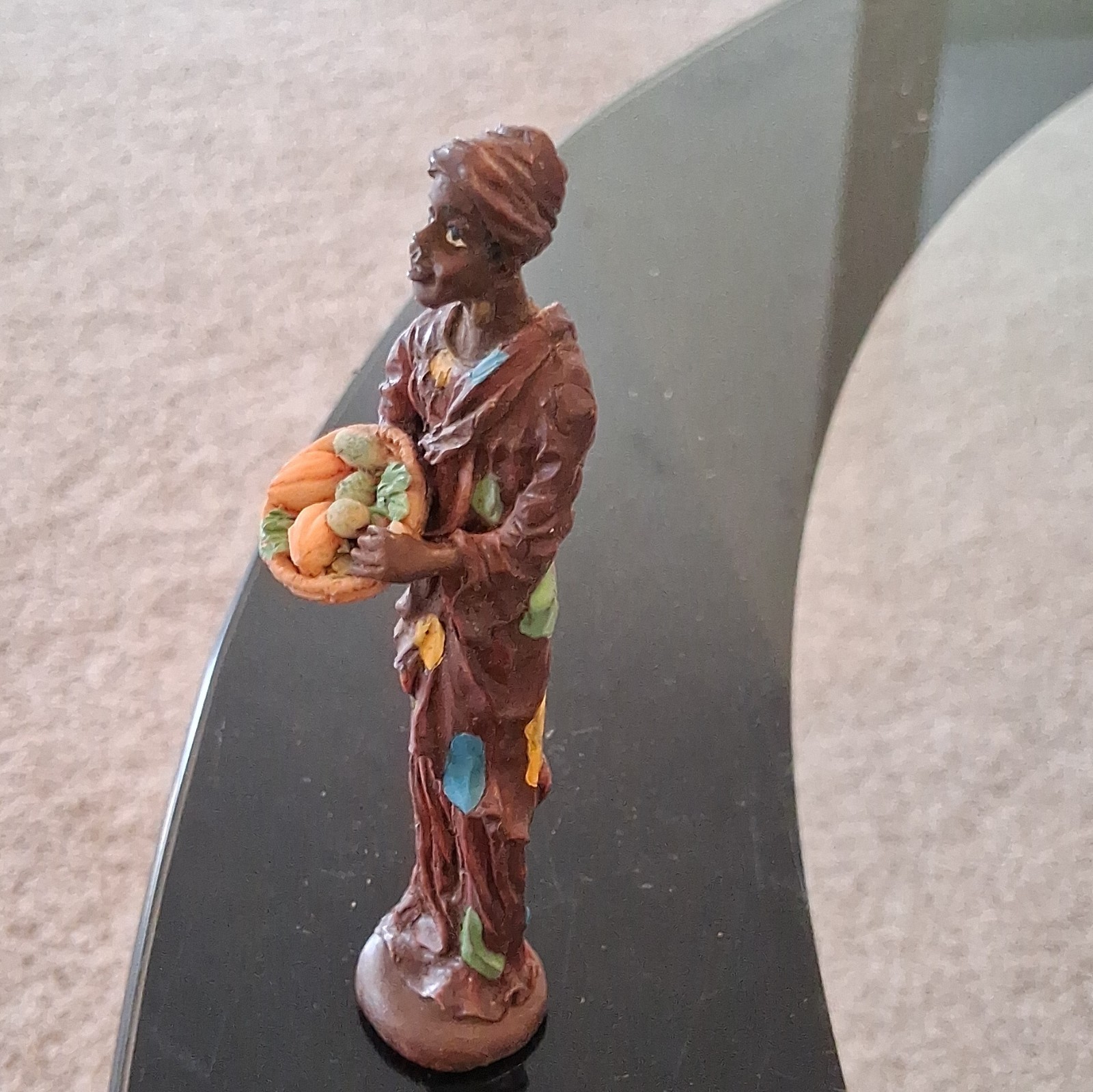 Painted Woman Figurine Multicolor Brown Basket People Theme 3D Effect