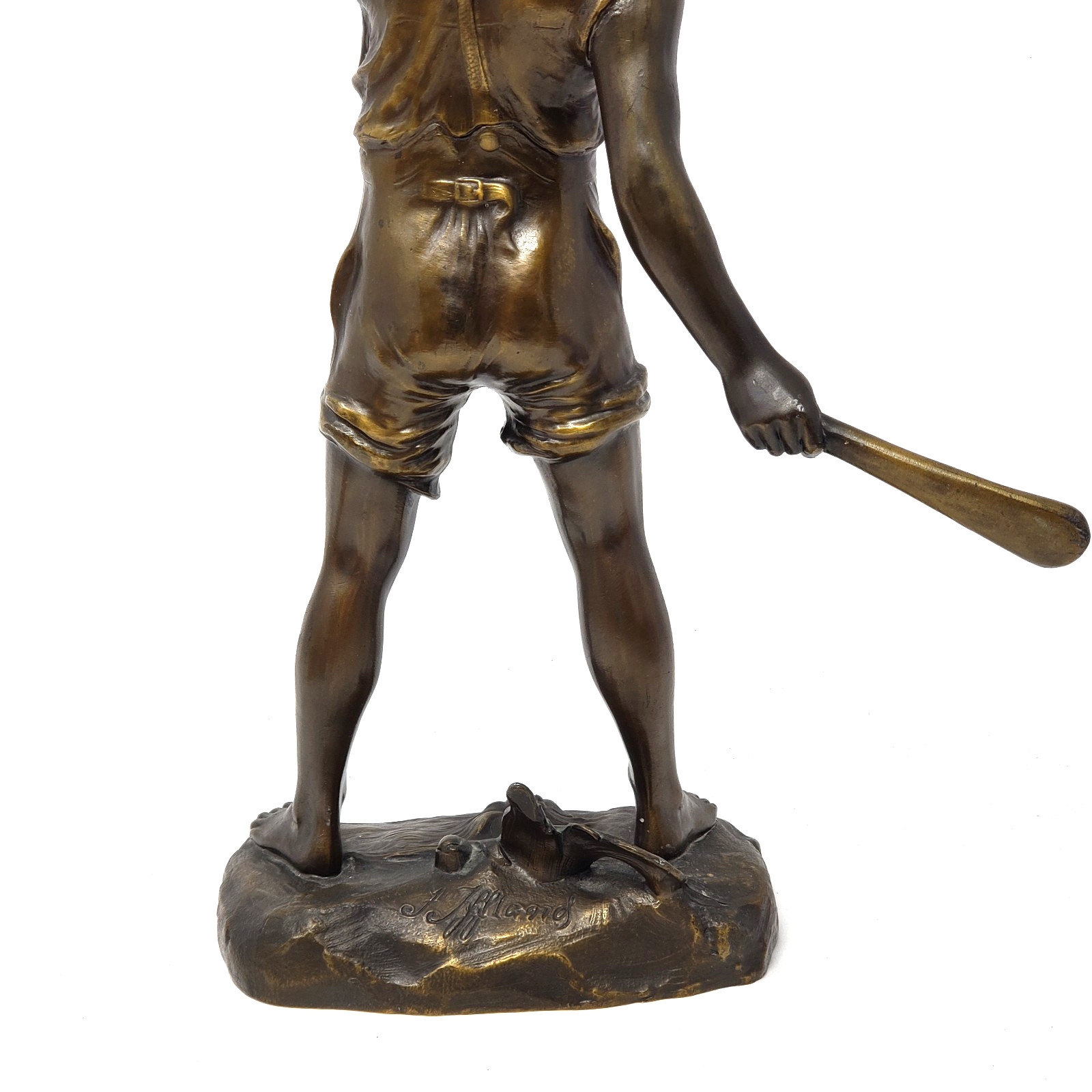 Antique Bronze Sculpture Cricket Boy Signed F. Iffland Art Nouveau 14.5″