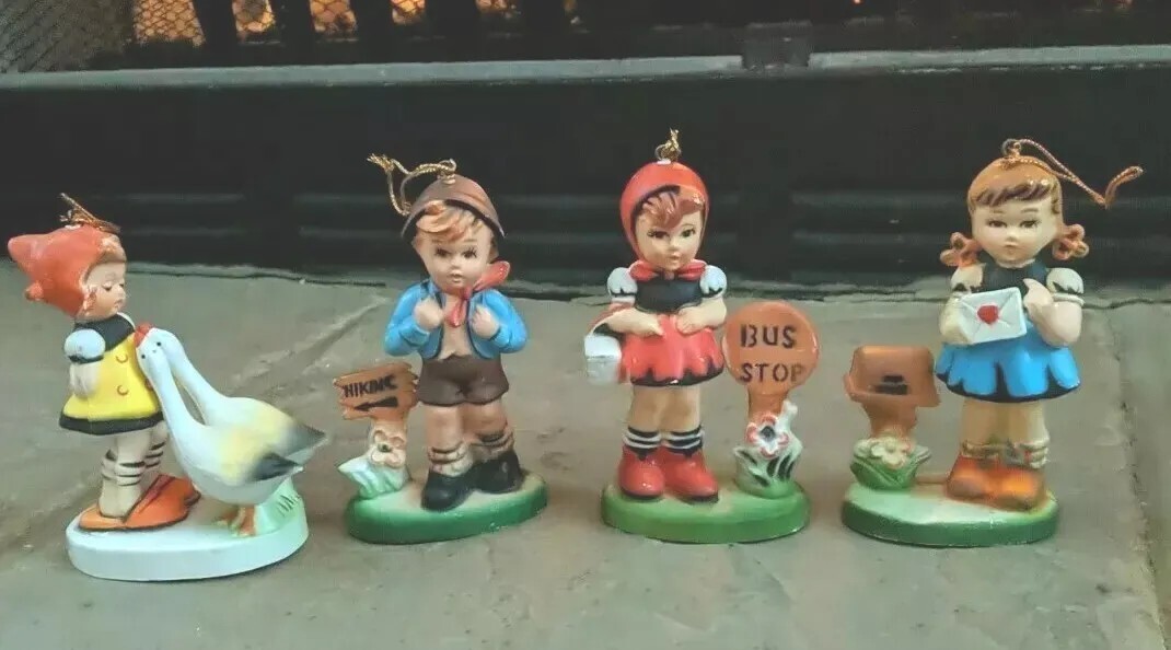 Vintage Ornament Lot Set of 4 Girl At Bus Stop Geese Mailbox & Boy Ornaments
