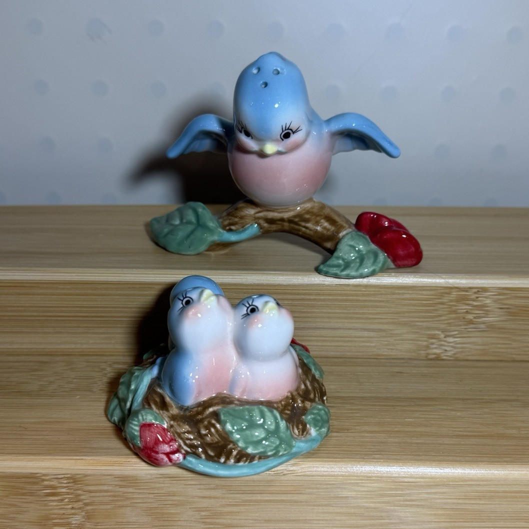 BWS/NOT MWS Hand Painted Glossy Ceramic Blue Bird Salt and Pepper Shakers 2 Pc
