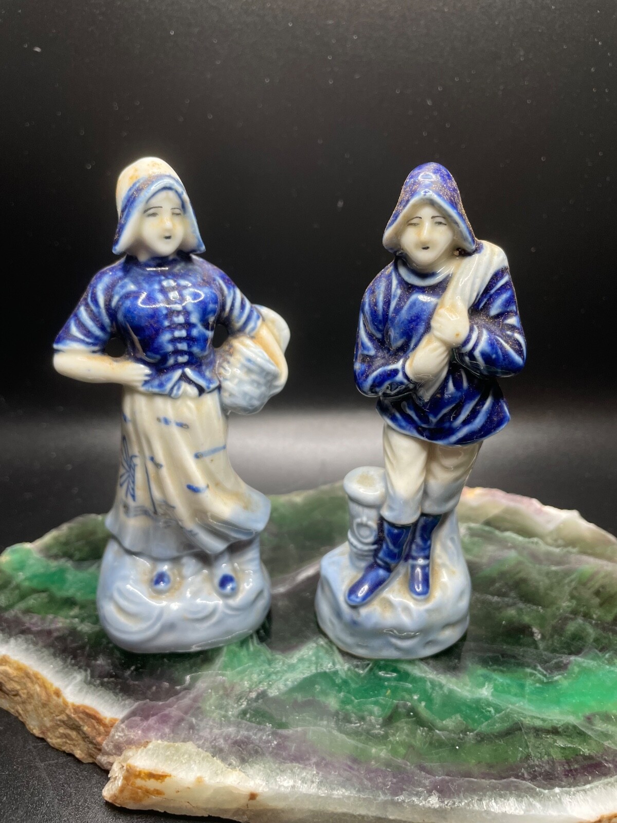 Occupied Japan Delft Blue Windmill Man & Woman Figurines Dutch