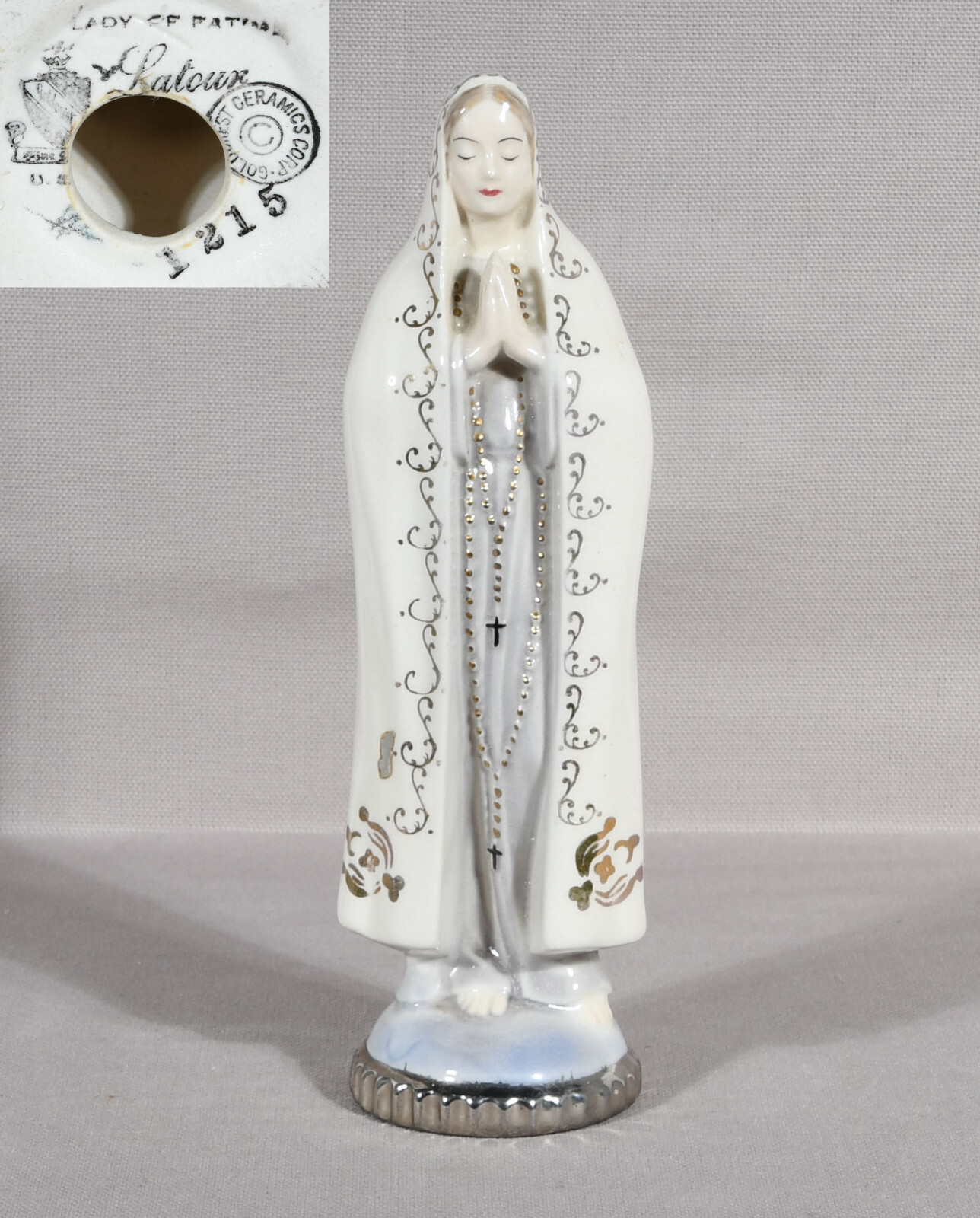Goldcrest Ceramics Lady Of Fatima Figurine 7 1/2″ Tall Silver Trim