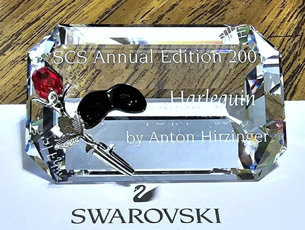 🎭 Swarovski Crystal 2001 A.E. “Harlequin” Rose Mask Title Plaque Figurine, NIB