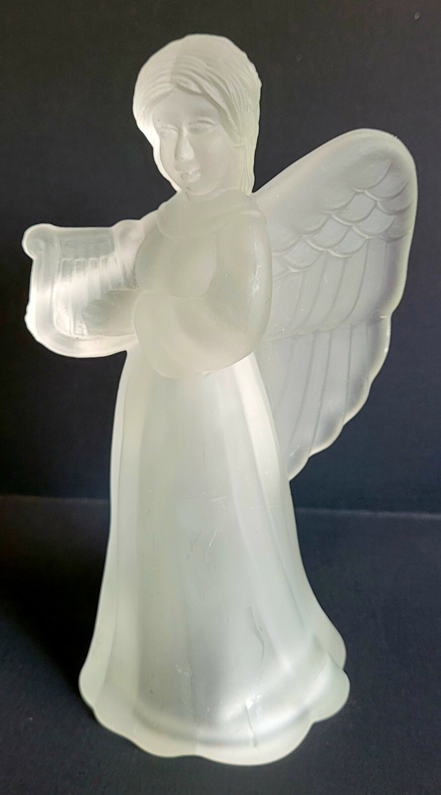 Vtg Clear Frosted Glass Angel Figurine, Holding Harp