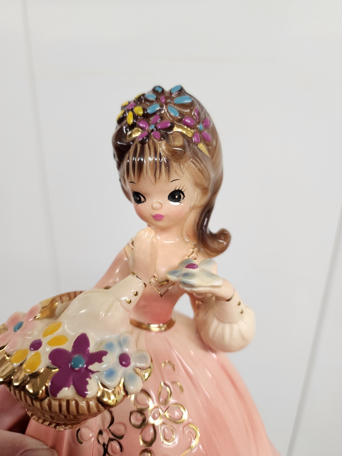 Josef Originals Retro Girls Large 8″ Girl Pink Dress Flowers Basket Japan