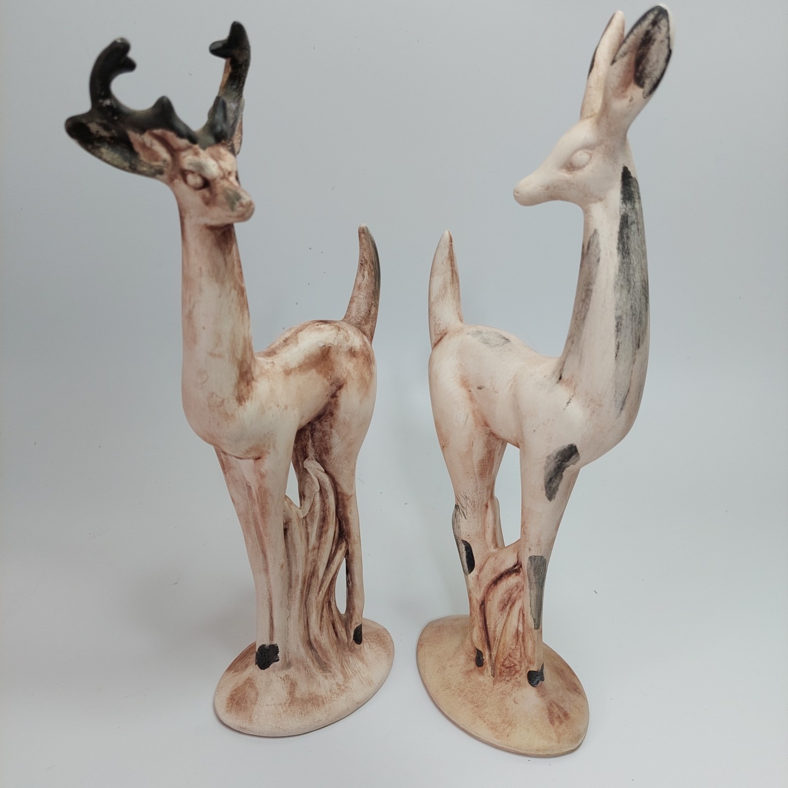 MCM Rustic Country Ceramic Hand-painted Matte Deer Pair 12″Figurines Unique