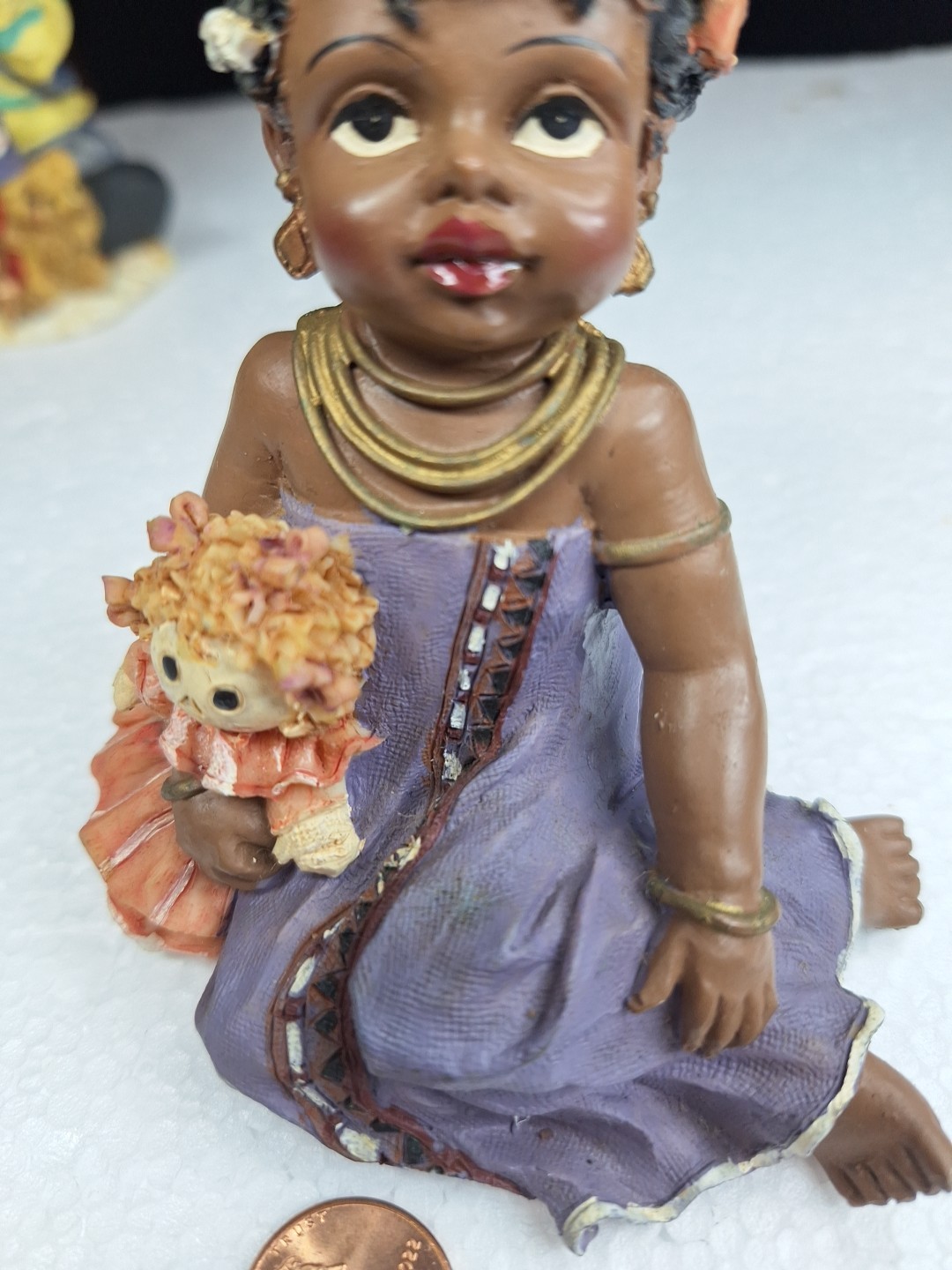African American Girl 5” Tall Figurine In Purple Dress With Pony Tails