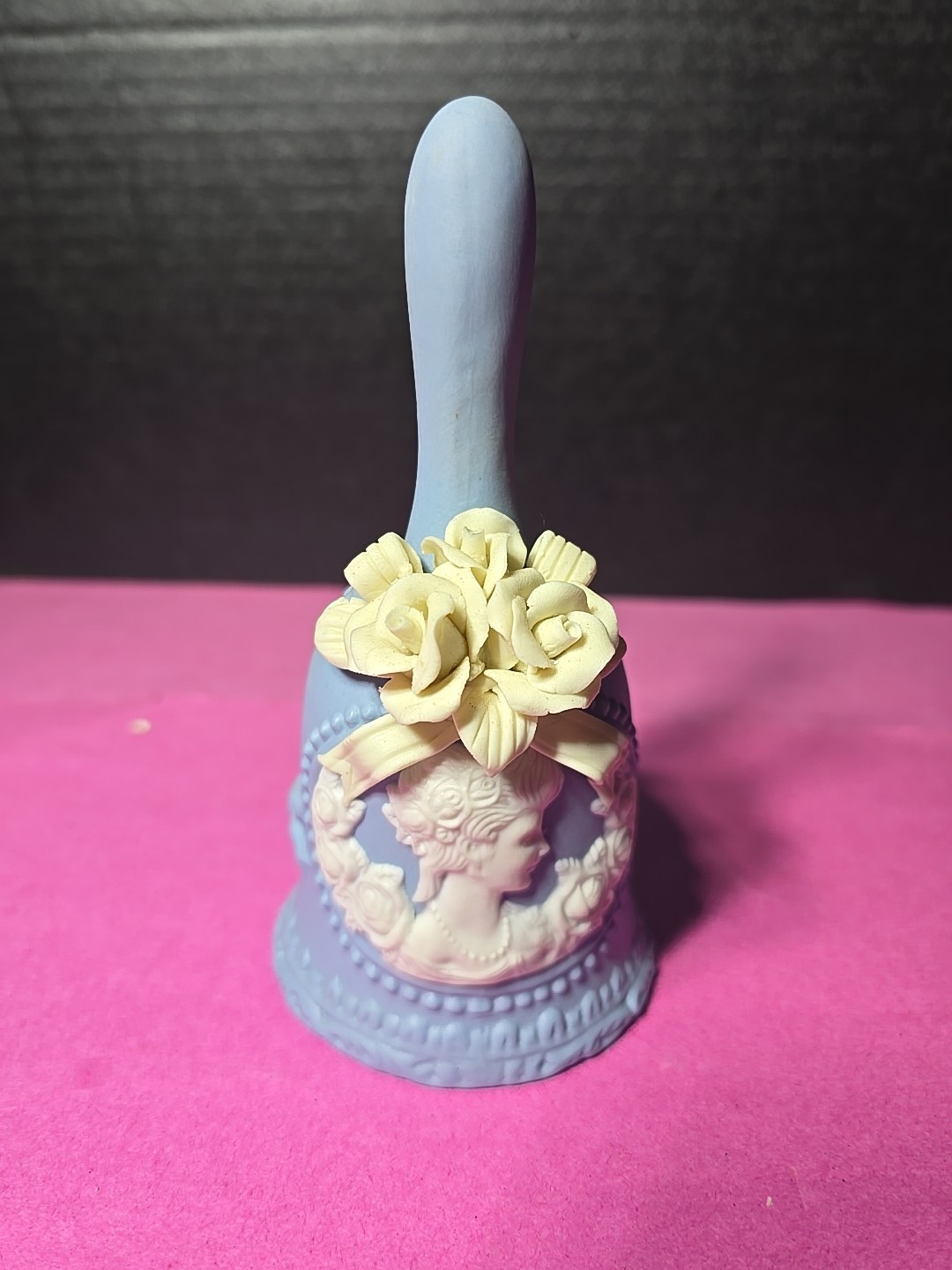 Light Blue Jasperware Bell Bisque Porcelain Ivory Cameo Lady & Roses 5.75” VTG