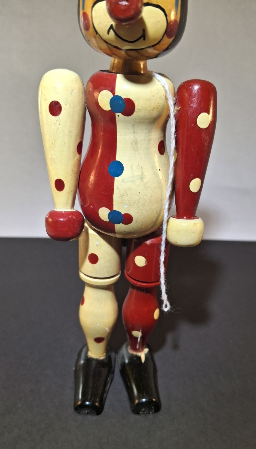 Vintage Wooden Standing Clown Doll Figurine Painted Jointed Wood Figure 9″
