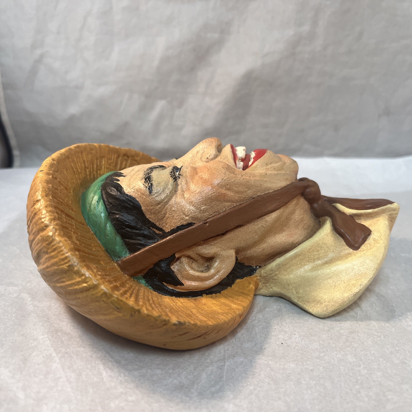 Hand Painted Orange Green Red Chalk Ware Smiling Asian Head Wall Ornament