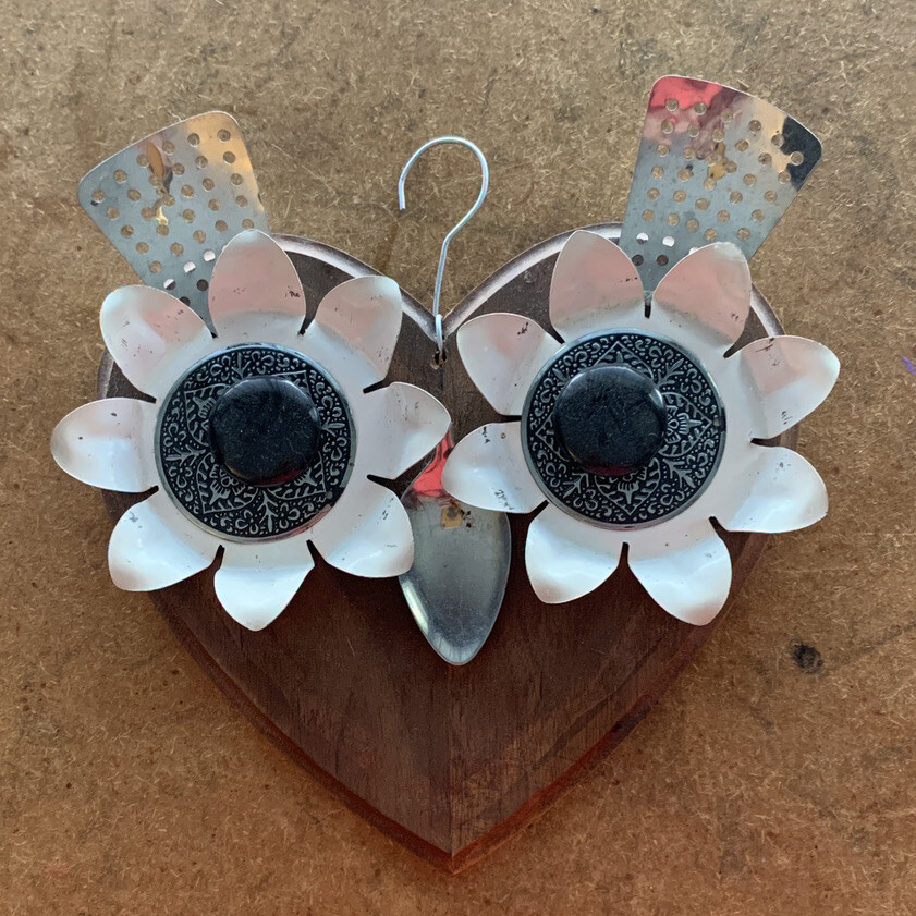 Metal Folk Art Tin and Wood Heart Owl Face Wall Hanging Vintage