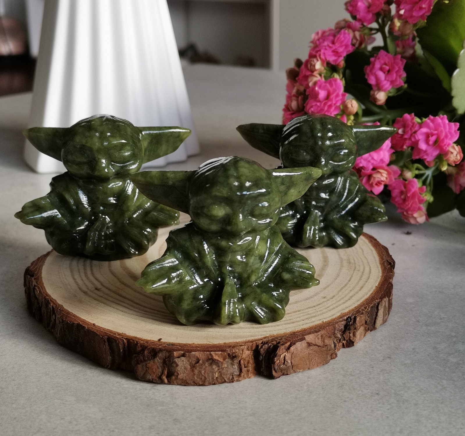 Yoda-Inspired Figure Carved from Natural Green Stone Decorative Collectible