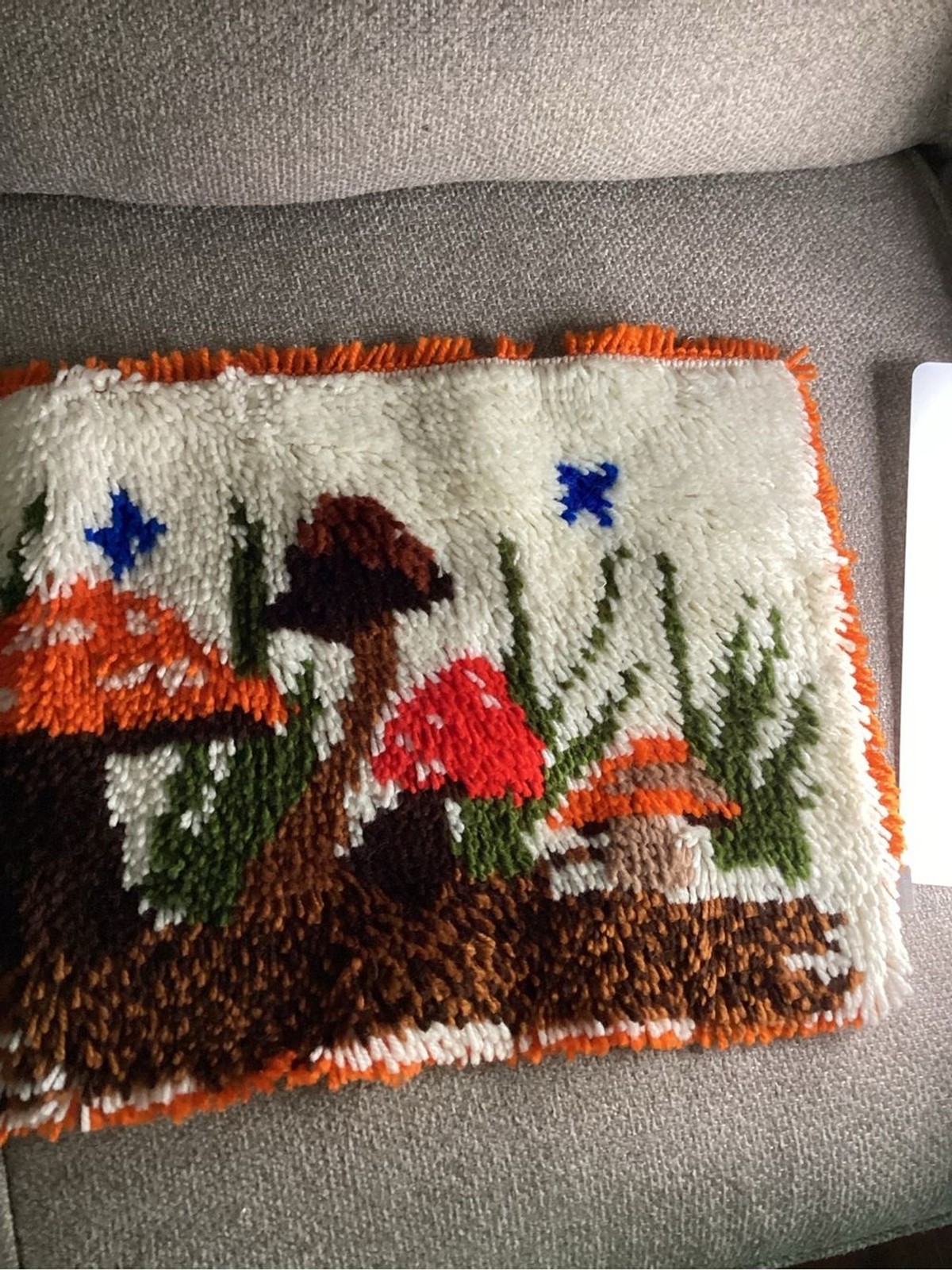 Hand Crafted Orange, Red, Brown & Green Merry Mushroom Latch Hook Wall Hanging