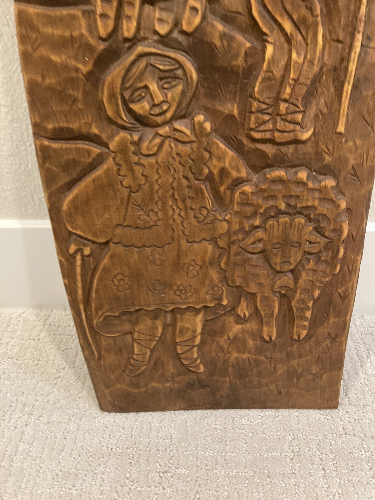 Hand Carved Signed Relief Plaque Wood Carving European Man Woman Sheep