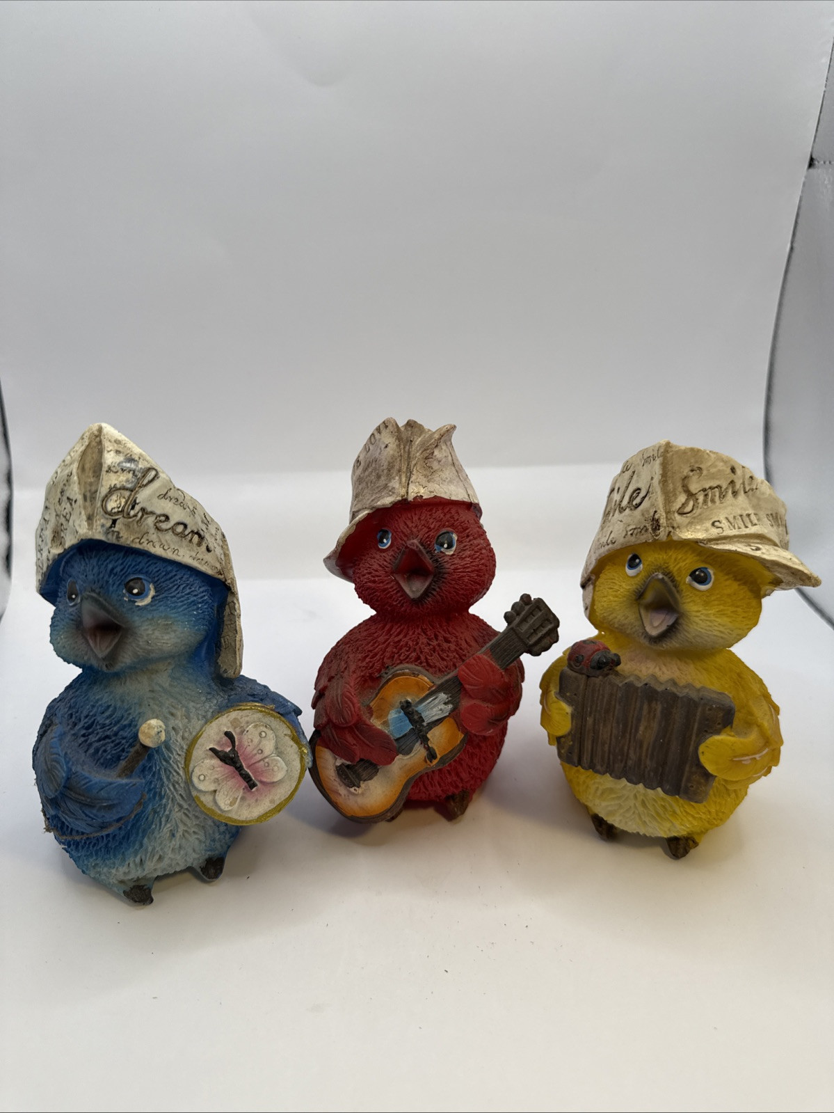 Three Chickadee Birds Playing Instruments Drum And Accordion