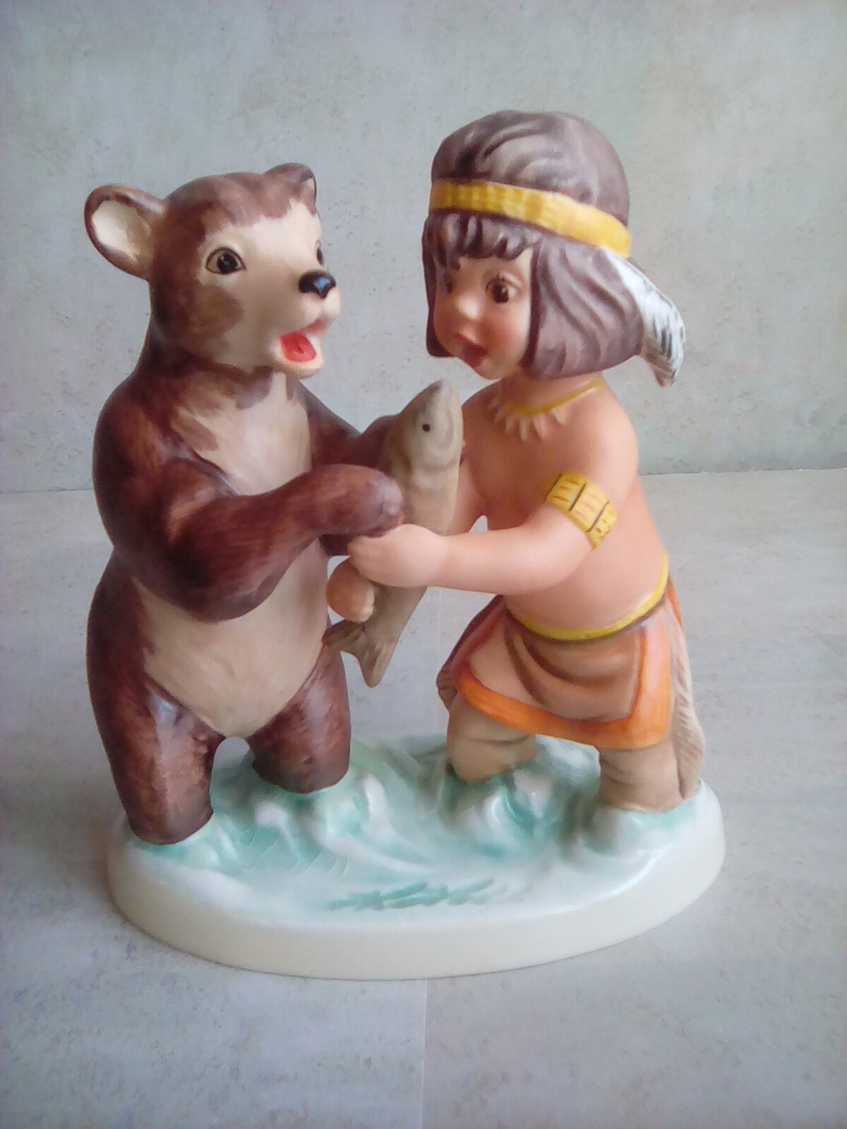 Goebel Hummel Bear and Native Boy WHO’S FISH? 5.5x5x3″ Germany Initialed MA 7d