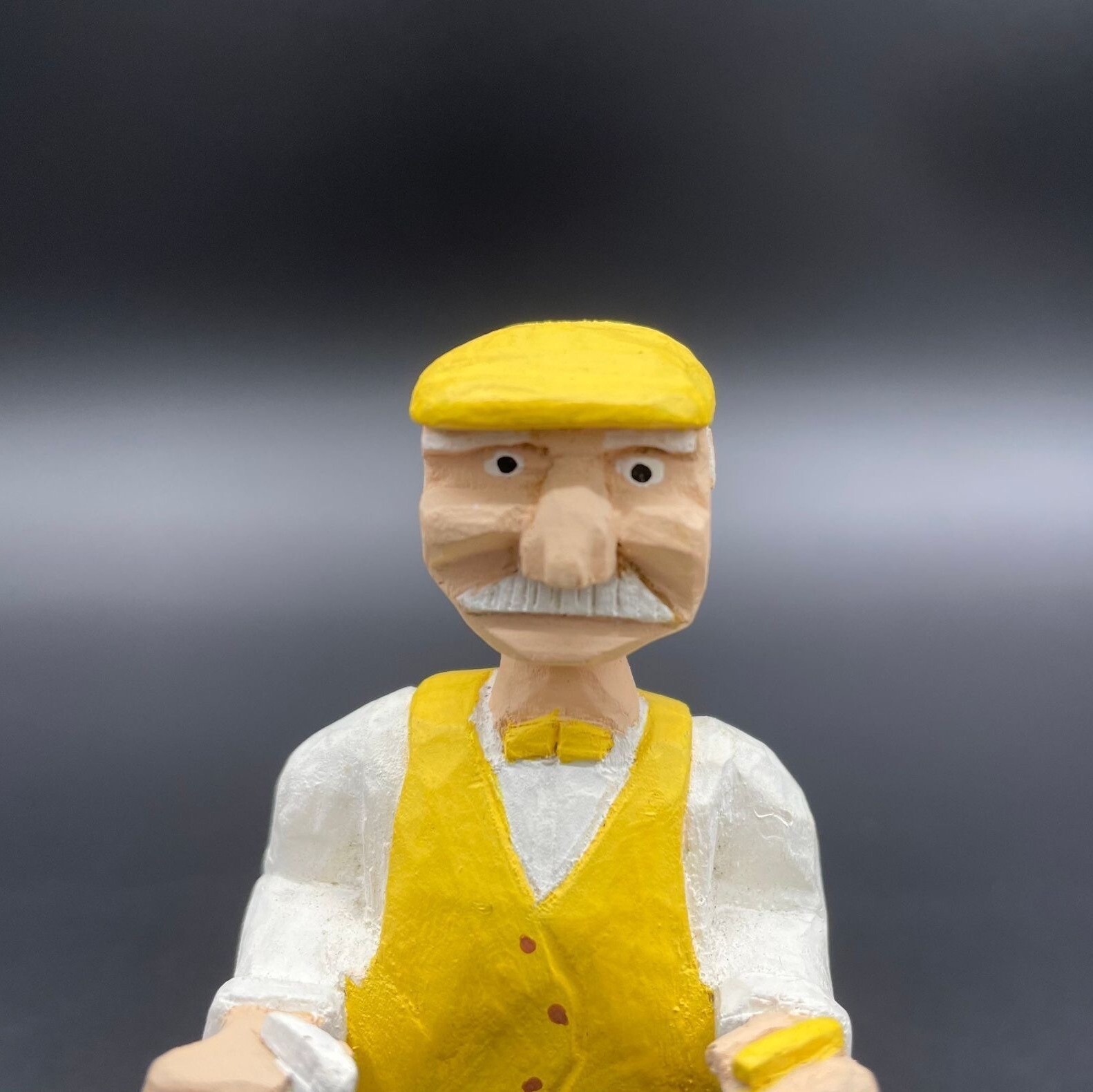 Vintage Figurine Folk Art Carved Wood Artist Signed Yellow Grandpa Golfer Man