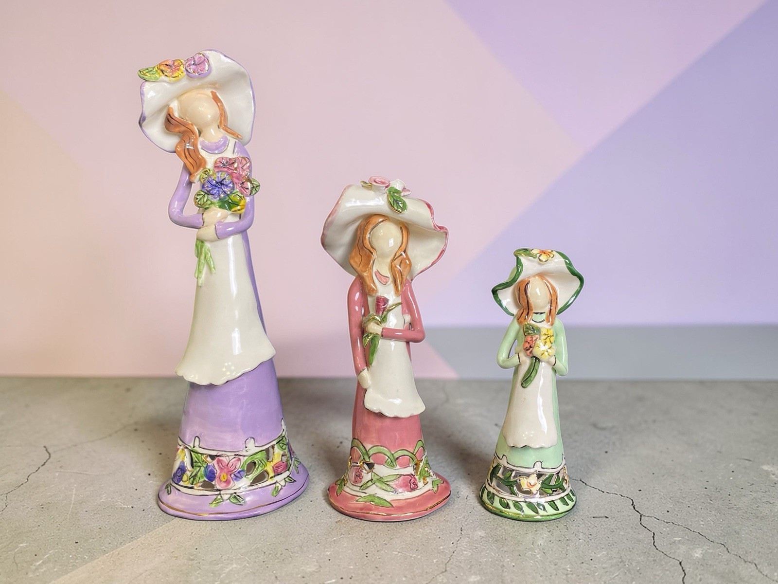Blue Sky Heather Goldminc 2002 Lady Figurine Set of 3 Ceramic Statues- Chip Hat