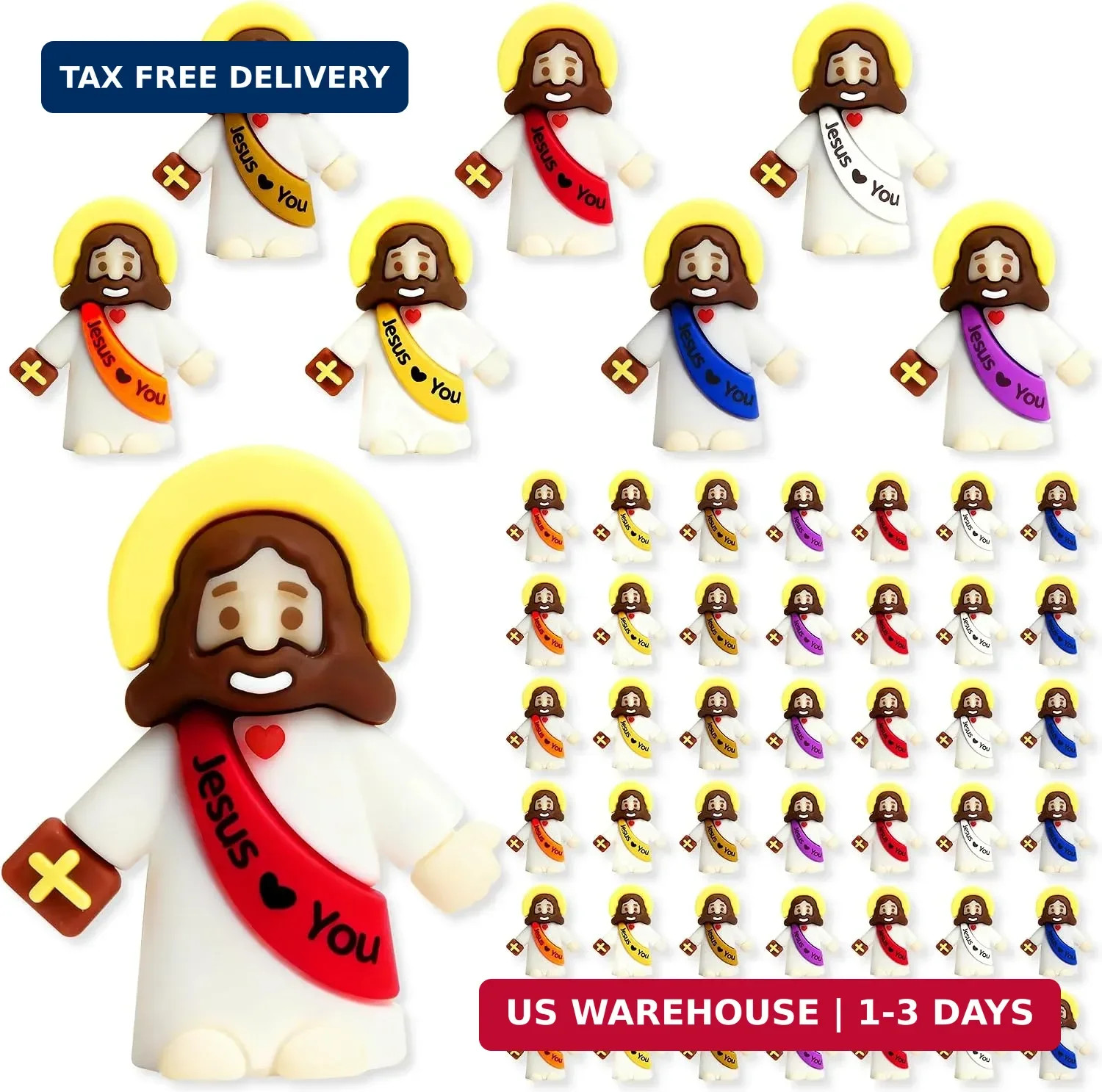 100 Pack Mini Jesus Figurines in Bulk, 7 Colors Tiny Jesus Loves You Figures Toy