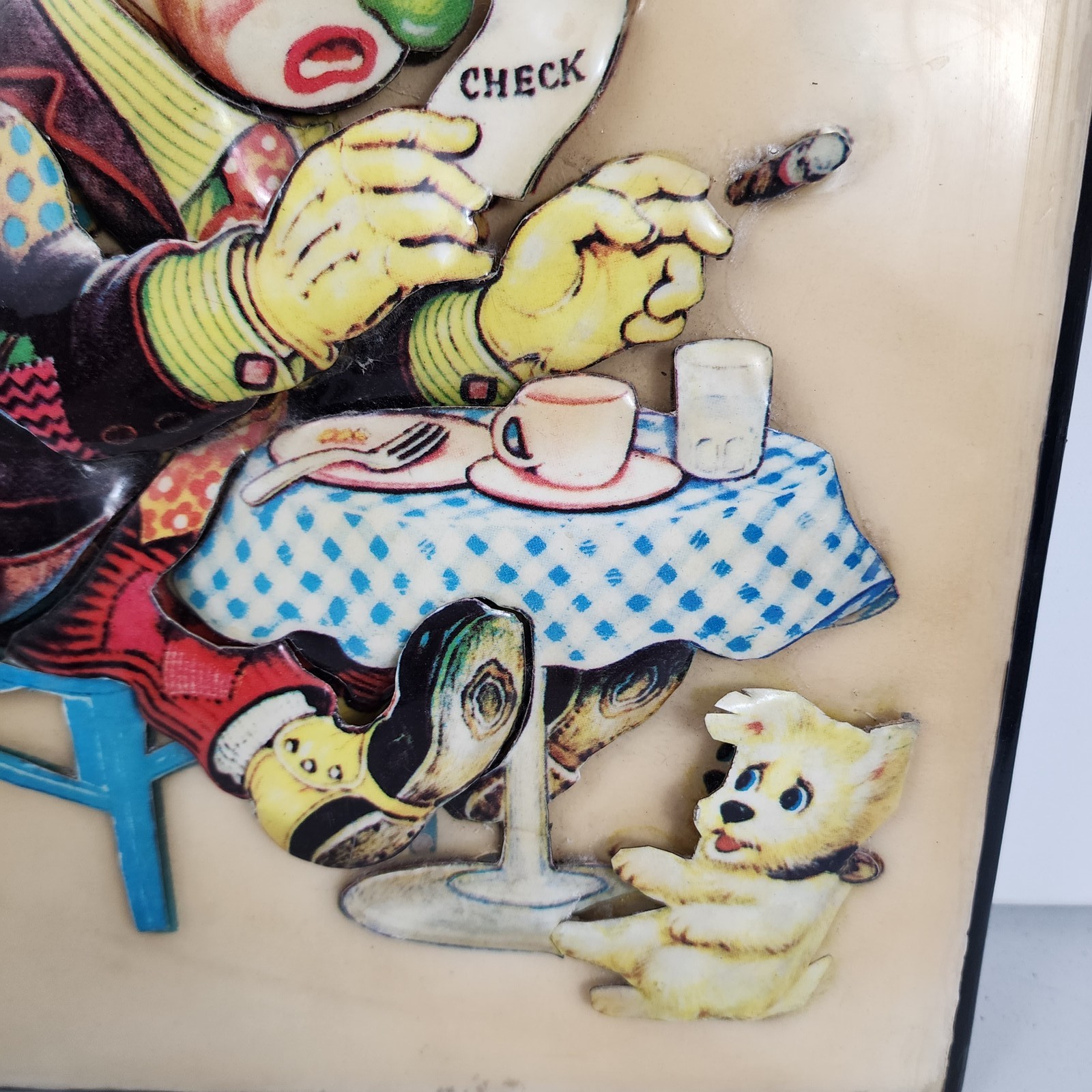 Vintage Clown Figurine Relief Art Wall Decor Sad Clown Reading Check Dog Framed