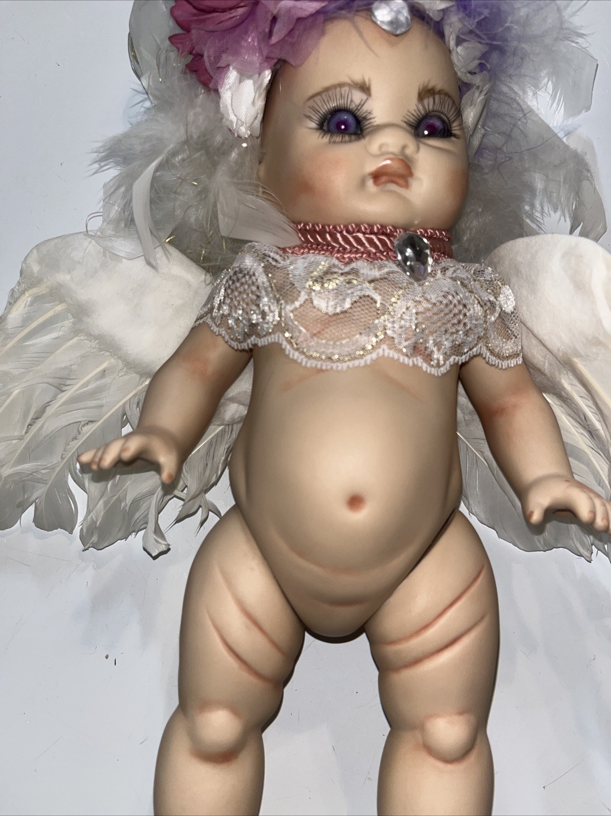 Vntg Fantasy Fairy / Cherub Style Art Doll w/ Feather Wings & Floral Headdress