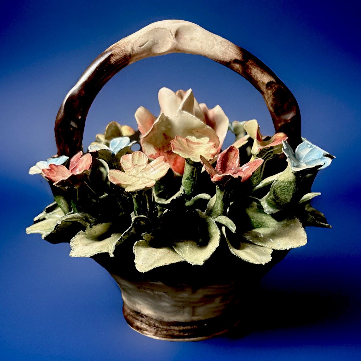 Vintage Capodimonte Italy Porcelain Flower Basket Centerpiece 7” Hand Made