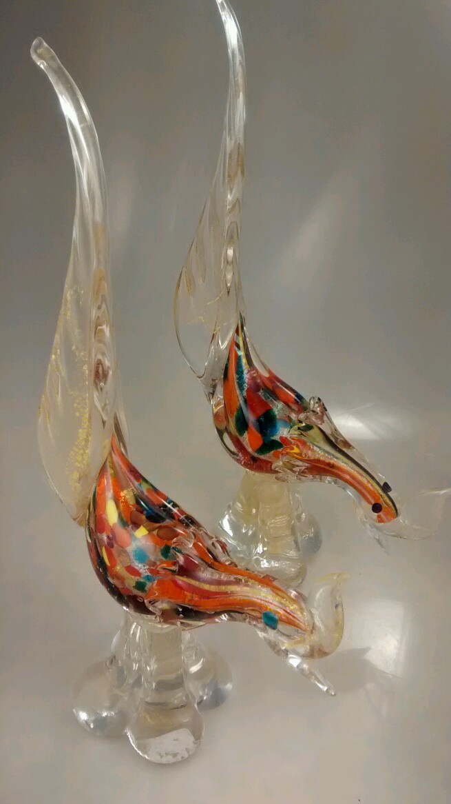 Stunning rare Murano multi colors gold foiled art glass long tail birds pair