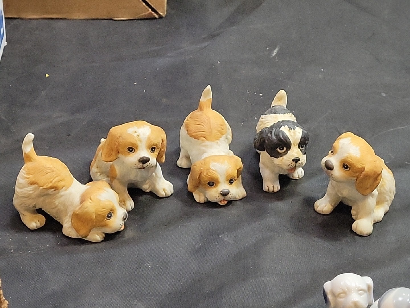 5 Adorable Vintage HOMCO Blk Brown & White Playful Puppies Figurines Posing Hand