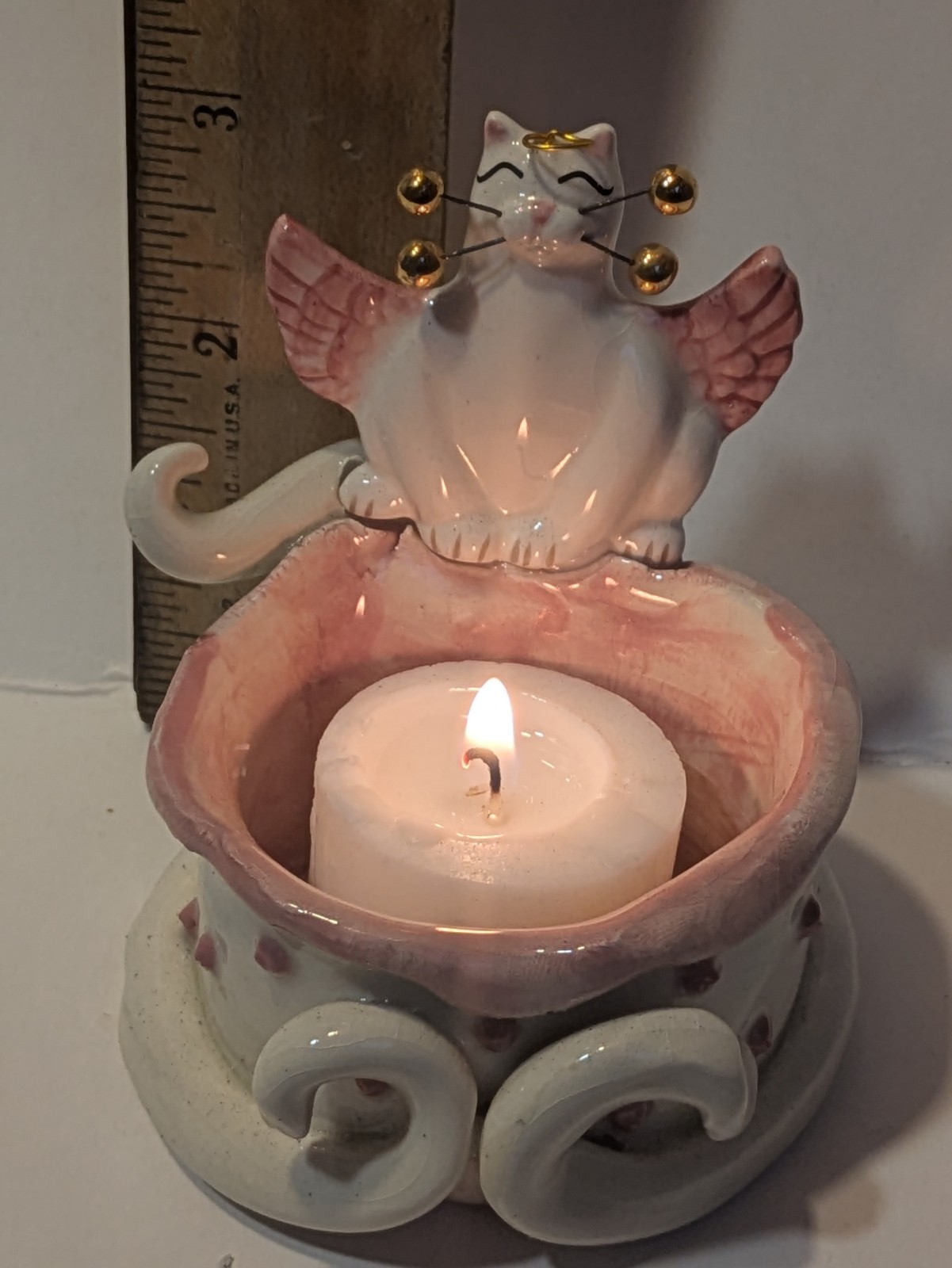 Angelica Cat Tea Light/Votive WhimsiClay Handmade Amy Lacombe, + Matching Pin