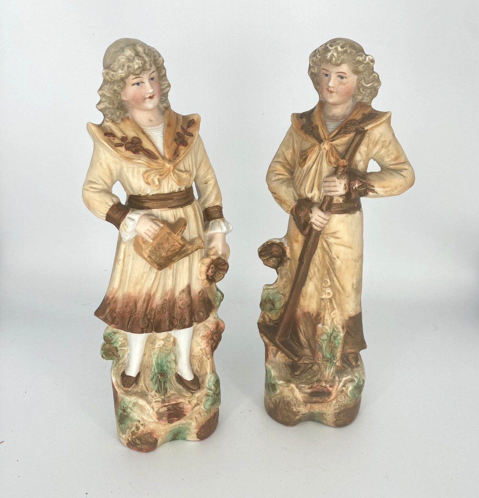 Antique Bisque Couple Figurines Gardening, Rustic, Shades of Brown
