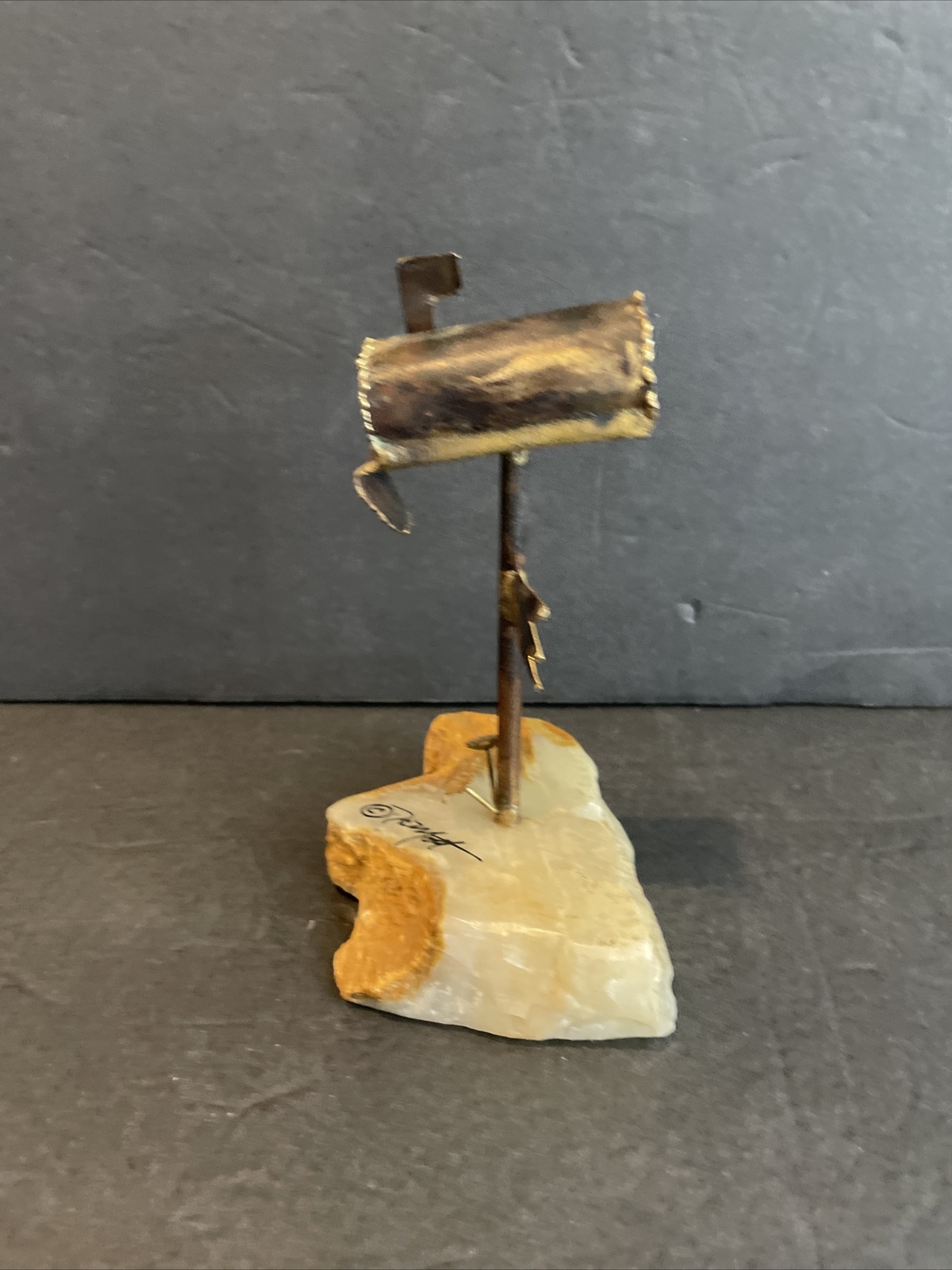 Vintage DeMott Onyx Quartz Stone Rock Brass Metal Mailbox Sculpture Figurine