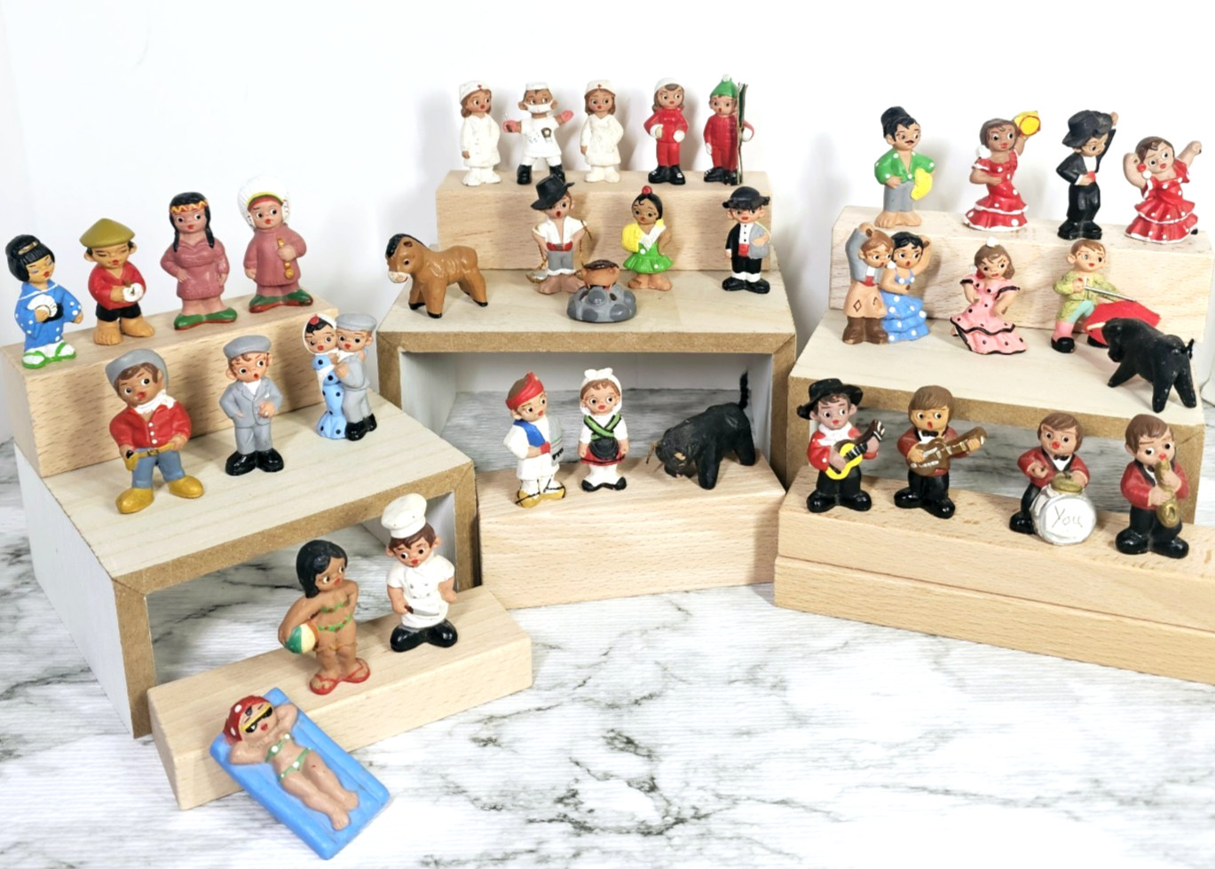 Lot of 35 Vtg Spanish Mud People Figurines Miniature Red Clay Various Themes 2″