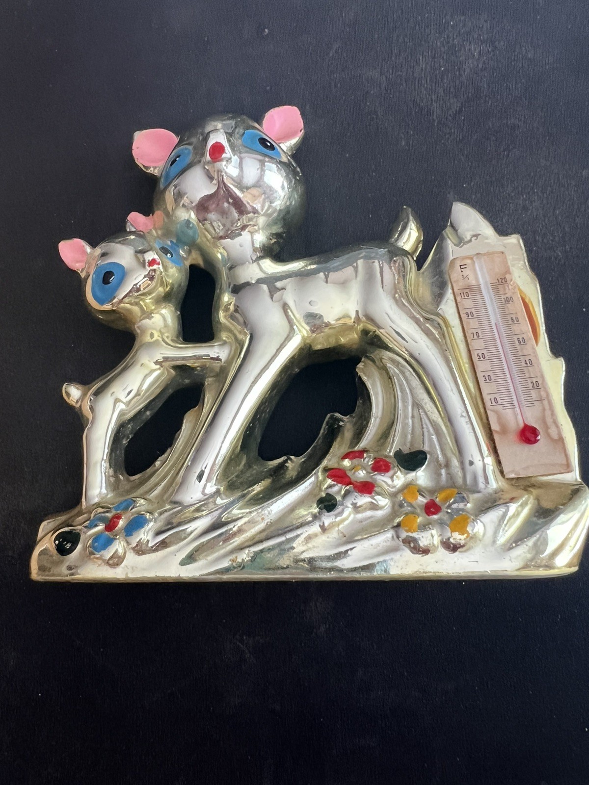 VTG Gold Tone Deer and Fawn Figurine Thermometer Japan