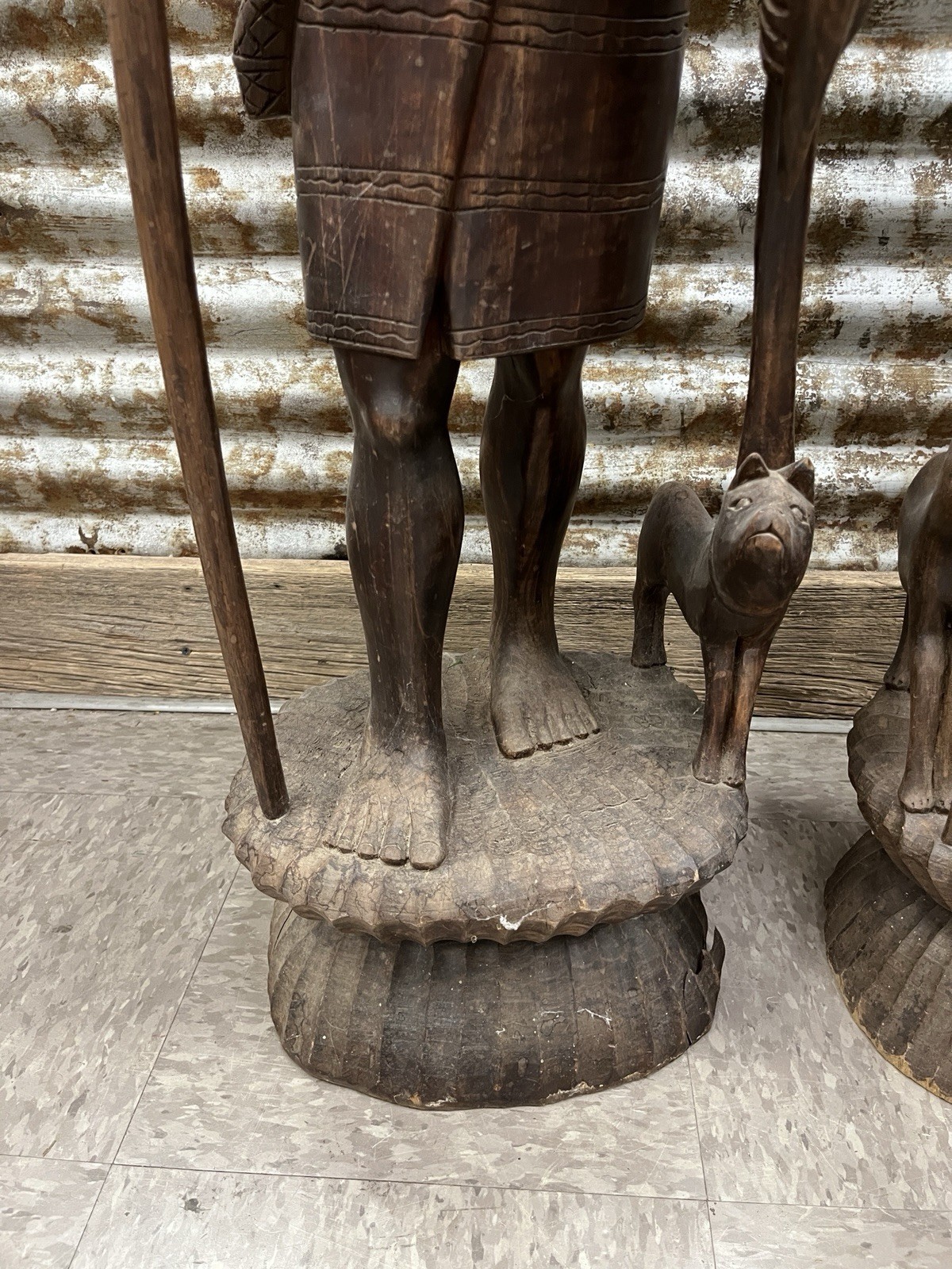 Pair of Igorot Tribesmen Figural Hunter and Huntress Carvings 3ft tall LARGE