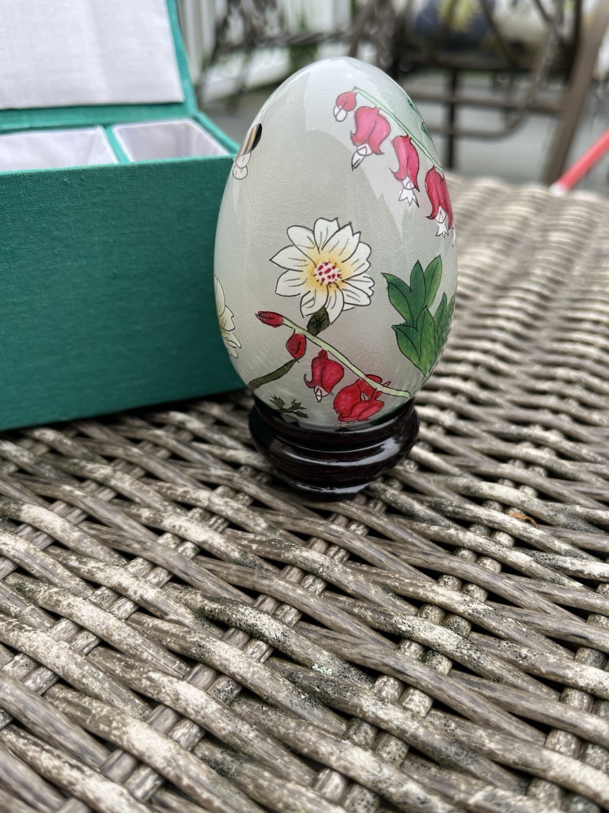Nature’s Garden Asian Reverse Hand Painted Glass Egg Stand Bee And Flowers w/Box