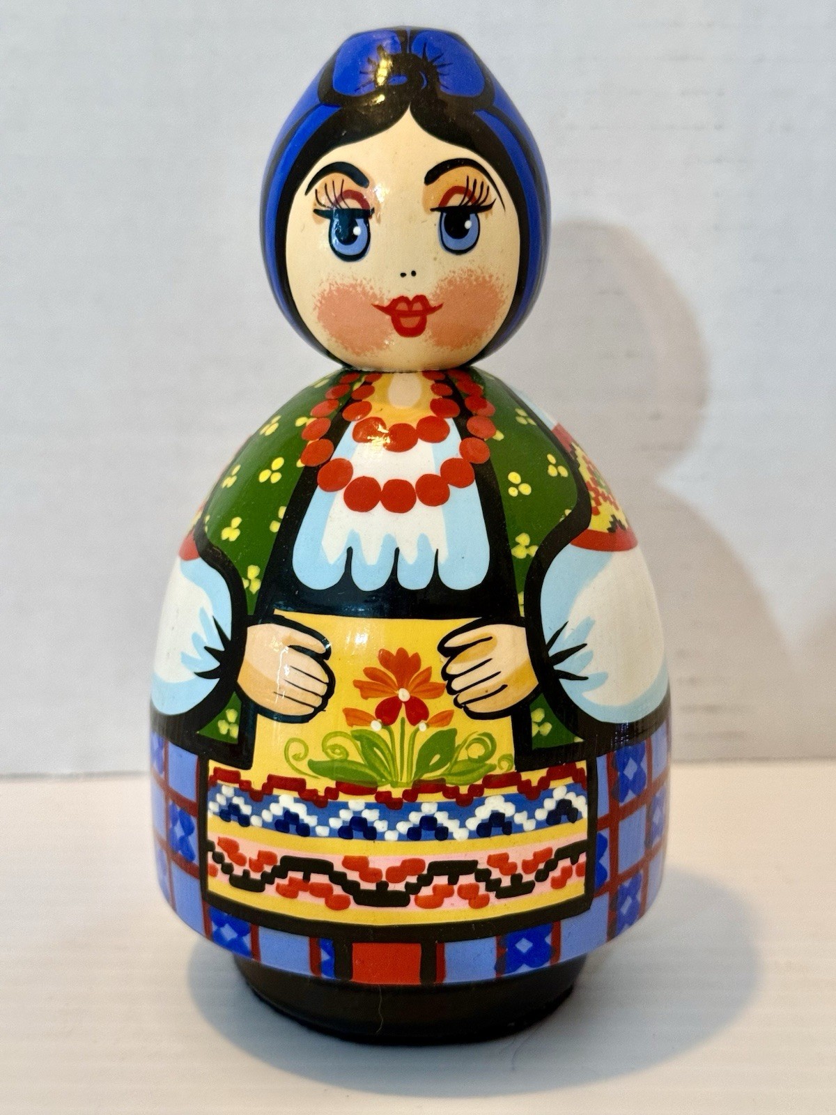 Vintage Ukrainian Folk Art Figurine Hand‑Painted Wooden Doll 5.5” Tall