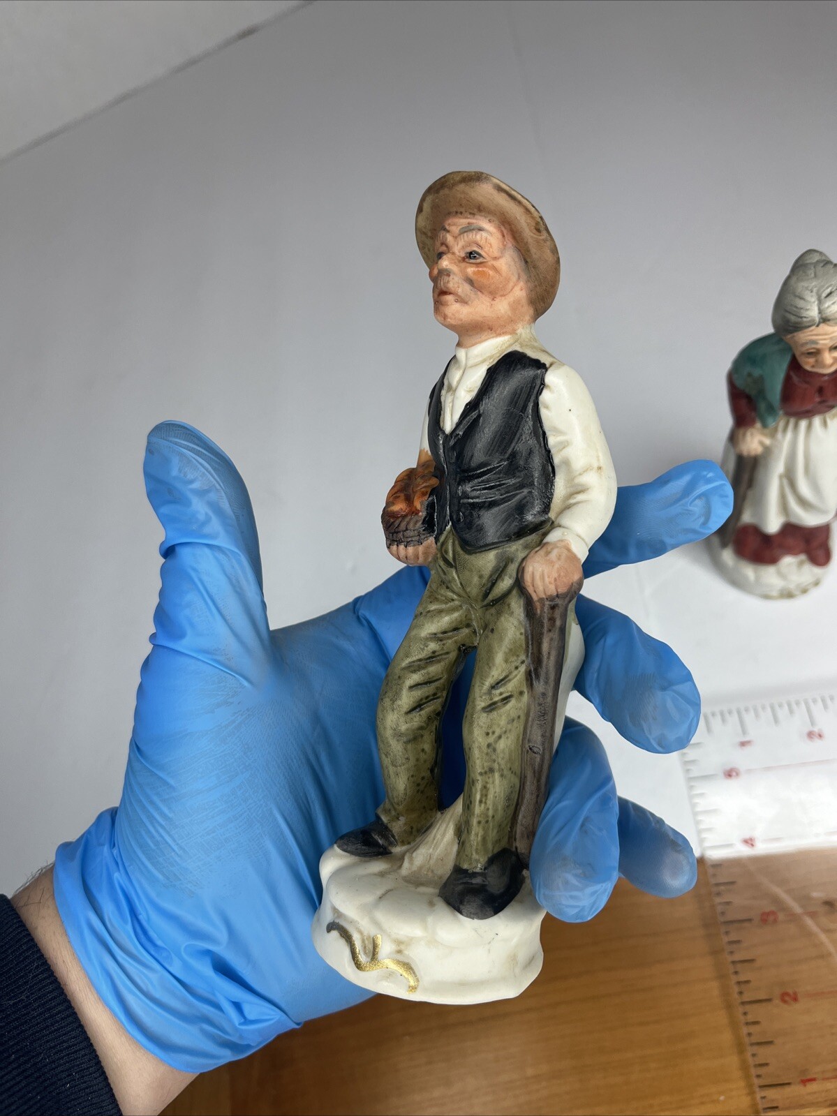 VINTAGE 1970’s Old Man and Woman Set 6.75” Porcelain Figurines Farmers Basket