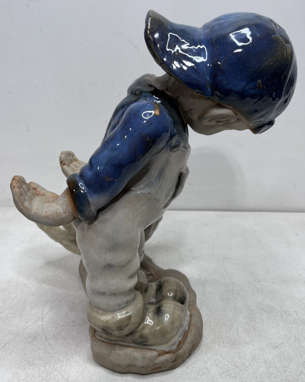 Vintage Ceramic Boy Goose Figurine 15” Hand-Glazed Child Figure Statue Blue Hat