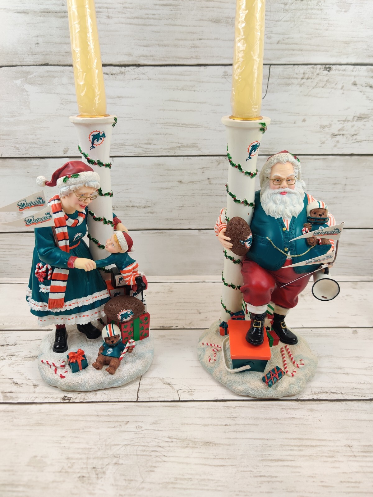 VTG 2004 Danbury Mint Miami Dolphins Candlesticks 8″ Tall Figurines Santa Claus