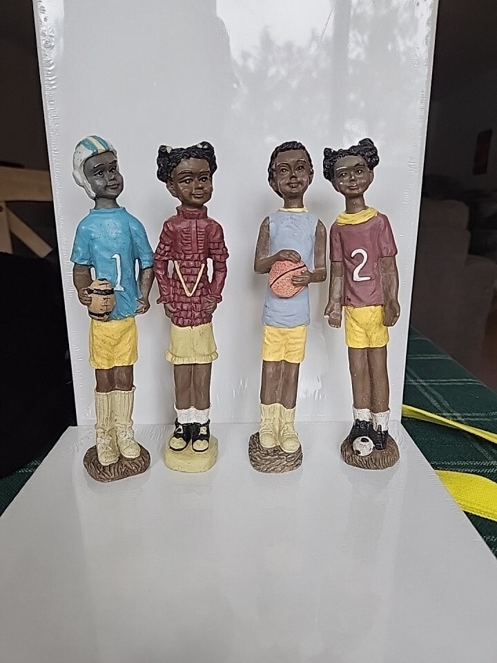 Set of 4 African American Athlete Figurines Basketball Soccer Football Cheerlead