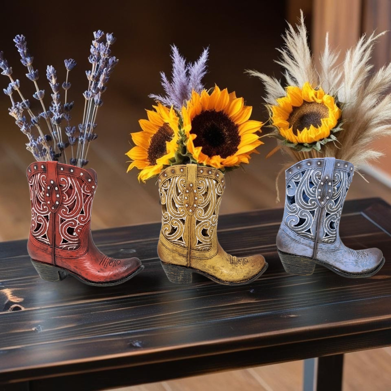 Boot Vase Set of 3 – Assorted Resin Cowboy Boot Vases, Rustic Western Décor