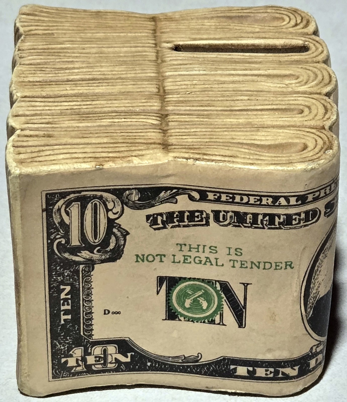 Vintage Coin Bank Stacked Bills 1975 10 Dollar Bands Ceramic MCM