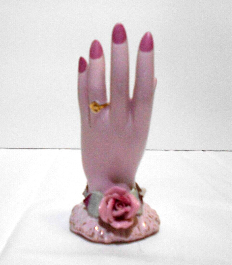 Lefton China Ladies Hand Bud Vase Pink Ring Hold Roses Gold Trim 152