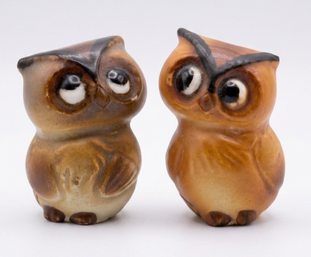 Pair of Vintage Miniature Horned Owls set of 2 Ceramic Figurines, M334 Japan