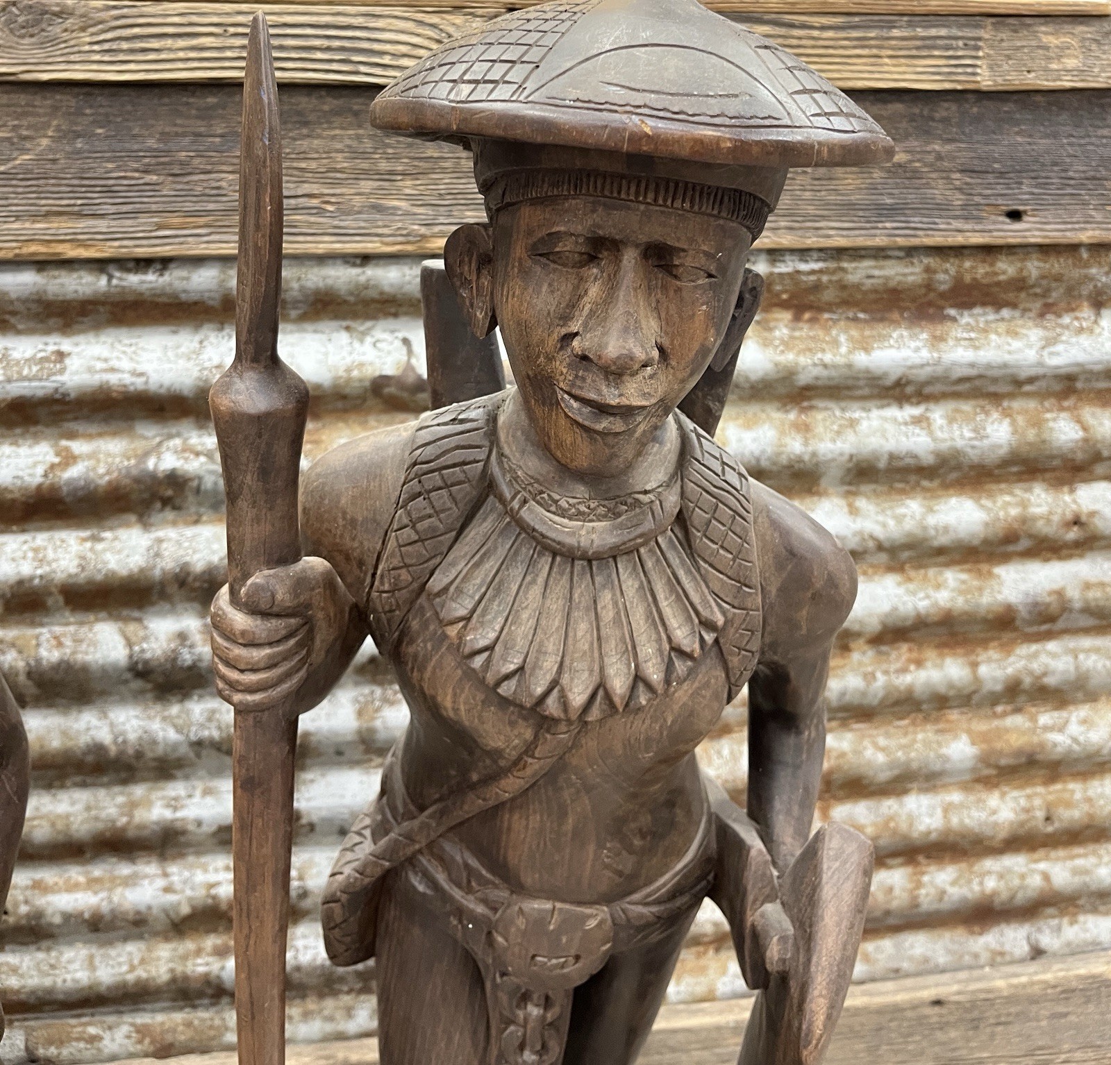 Pair of Igorot Tribesmen Figural Hunter and Huntress Carvings 3ft tall LARGE