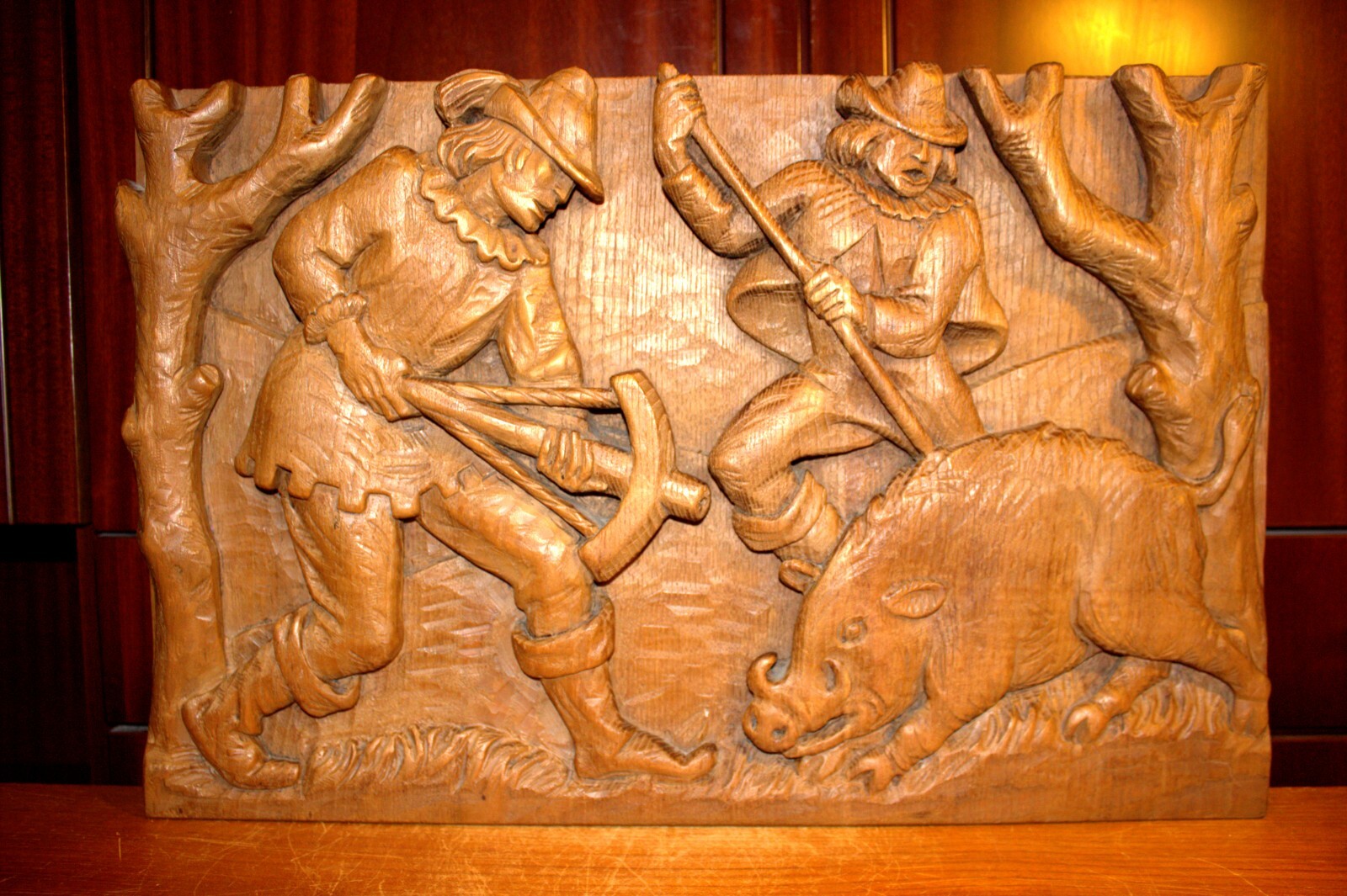 ANTIQUE 23″x15″ HAND CARVED WOOD MEDIEVAL HUNTER HUNTING BOAR WALL RELIEF FIGURE