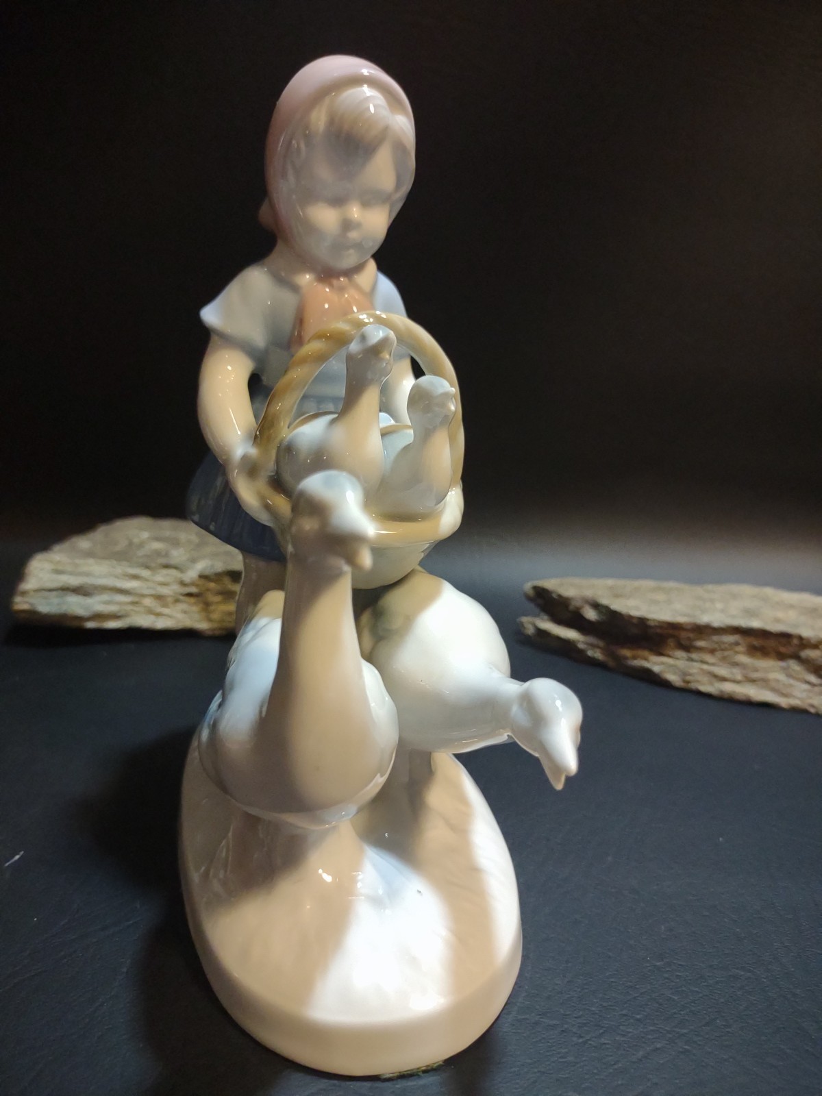 GErROLD PORZELLAN Bavaria West Germany Girl With Basket Geese Figurine 6 3/4″ T