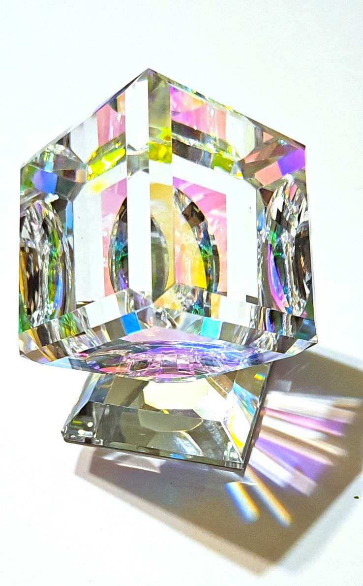 STEPHEN LYONS Art Dichroic Millennium Glass Cube Paperweight Rainbow w/ Pamphlet