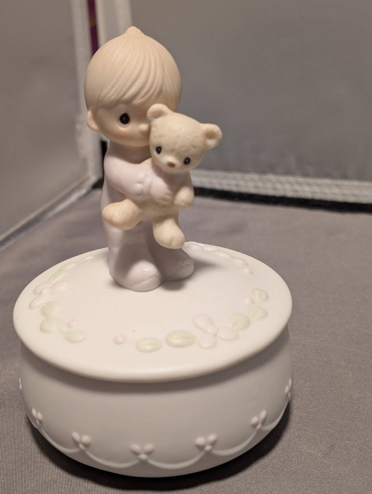 1982 Precious Moments “Jesus Loves Me” Trinket Box 2 Pieces Boy and Teddy Bear